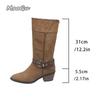Fashion Belt Buckle High Heel Western Mid-Calf Boots Women 2025 Autumn Winter Suede Vintage Knight Boots Size 35-42 Bottes Femmes Black