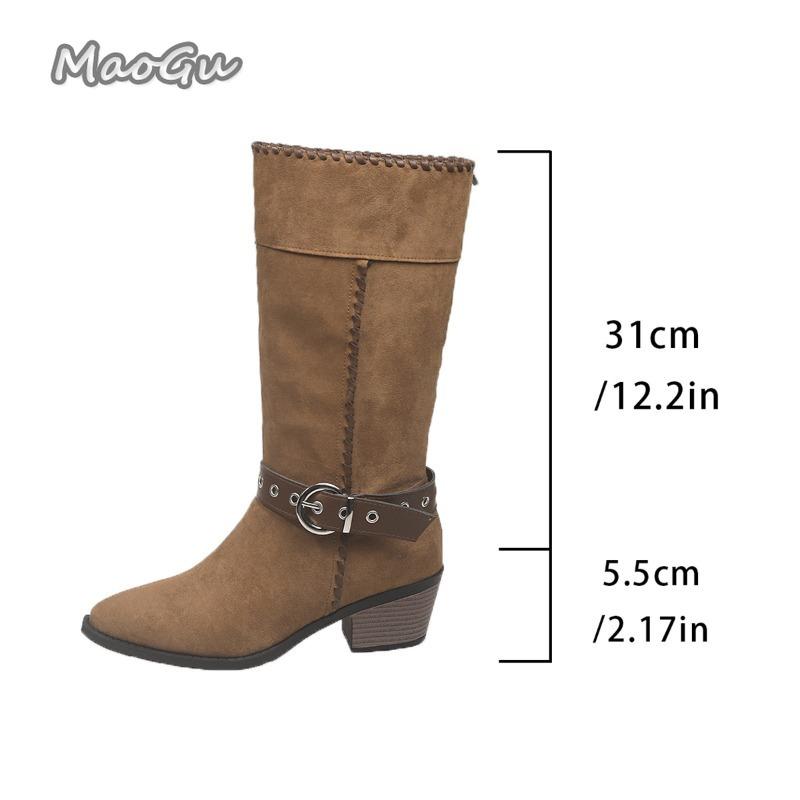 Fashion Belt Buckle High Heel Western Mid-Calf Boots Women 2025 Autumn Winter Suede Vintage Knight Boots Size 35-42 Bottes Femmes Black