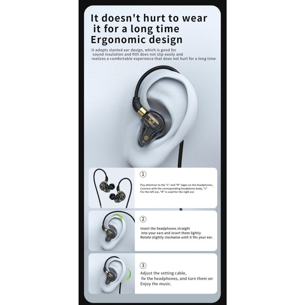 3.5mm Wired Earphones 8mm Dual Dynamic Coil HiFi Bass Stereo Earbuds Sports Gaming In-Ear Headset Headphones with Microphone