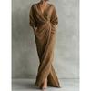 Women's V Neck Long Maxi Dress Side Slit Tie Waist Pockets Vacation Dress