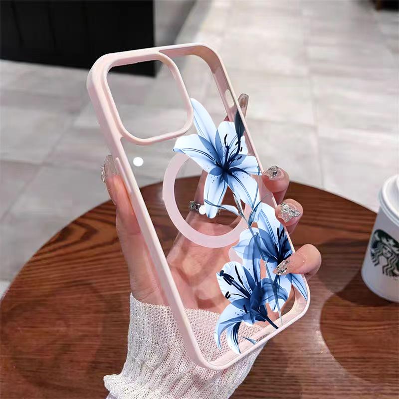 Blue Lily Whisper Transparent Magnetic Phone Case for Samsung Galaxy S25 S24 S23 S22 Ultra Plus S26 FE for Wireless Charge Cover
