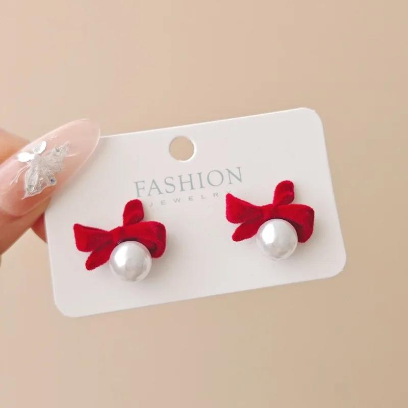 LATS Red Black Bowtie Earrings for Women Girls Simulated Pearl Cloth Bow Tie Earrings Jewelry Ear Accessories Beautiful Gifts