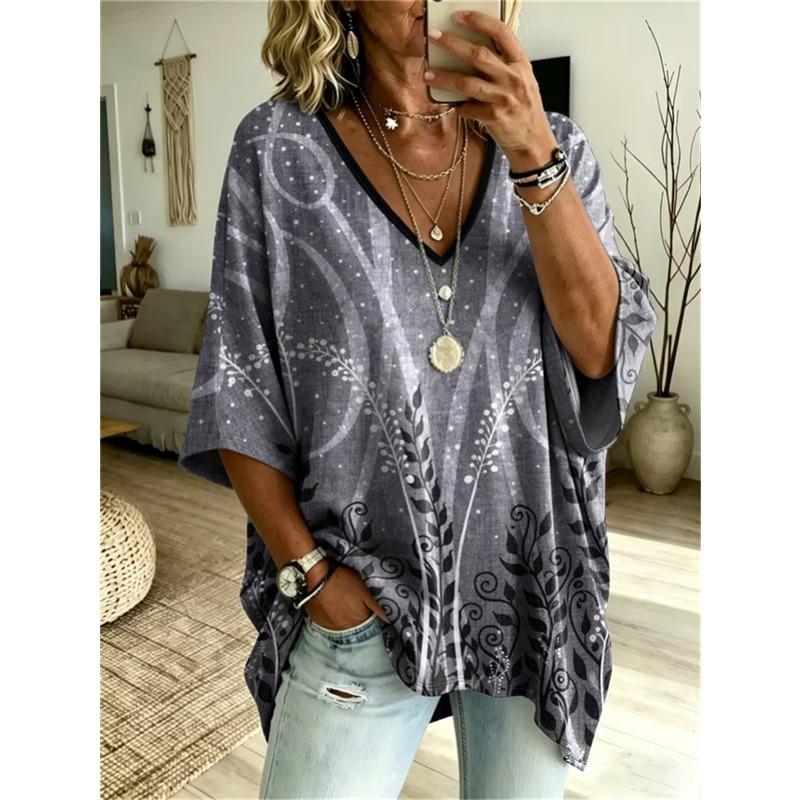 Übergrößen Damen V-Ausschnitt Fledermausärmel T-Shirt Bohemian Ethnischer Druck Lockerer Oberteil Sommer Bequem Atmungsaktiv Tägliches Pendeln Lässig Schlankmachender Stil