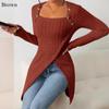 Autumn and Winter New Women's Long Sleeve Solid Color Irregular Square Collar Slim T-shirt Top Black Casual Temperament Will Knit