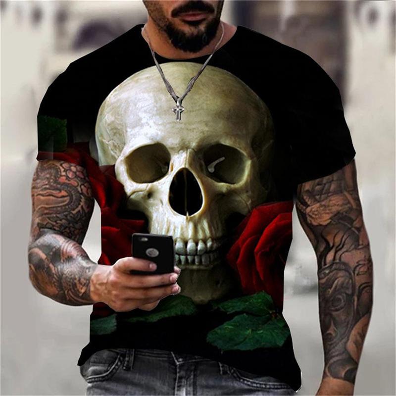 Summer Round Neck 3D Horror Skull Graphics Print Top Fashionable Casual Short Sleeved Men's T-shirts