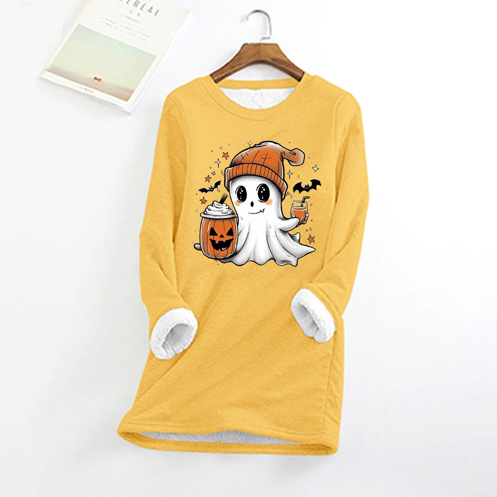 

Женский круглый вырез с принтом Хэллоуина, утолщенный плюшевый кашемировый теплый длинный топ M жёлтый