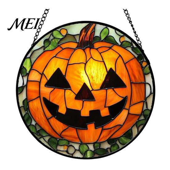 Halloween Window Decorations Stained Glass Suncatcher Ornament, Vintage Hanging Decor with Pumpkin Ghost Bat Witch Unique Holiday Art Hat Pattern,