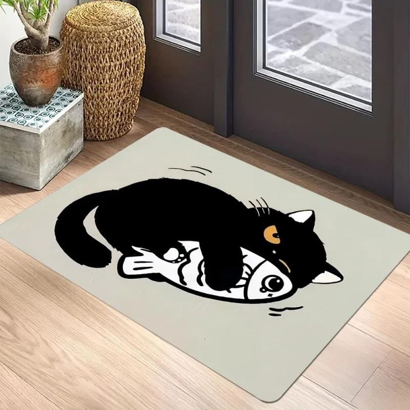 Black Cat Door Mat Non-Slip Entrance Way Mats Welcome Mats Rugs Washable Carpet Home Decoration For Indoor Outdoor