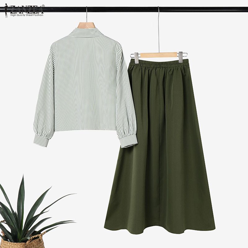 ZANZEA Women Long Sleeve Stripe Blouse and Long Skirts Casual Two Piece Suit Sets