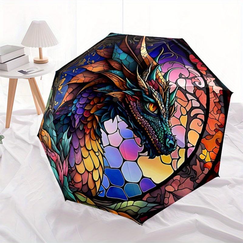 1pc Stained Glass Dragon Compact Travel Umbrella, Automatic Folding Lightweight Windproof 8-Bone Reinforced Design, 012087