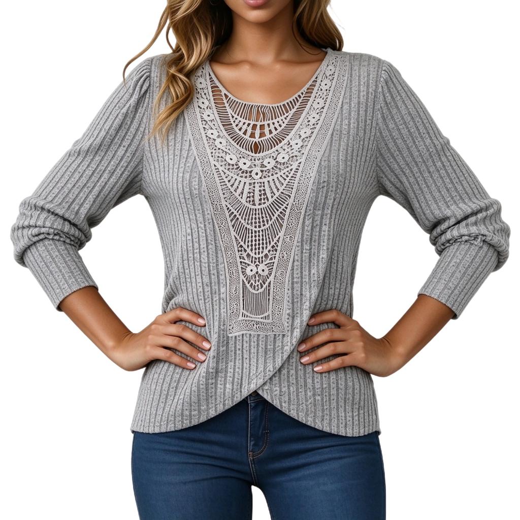 Women's Crewneck Pullover Blouse with Lace Trim and Asymmetric Hem for Casual Wear