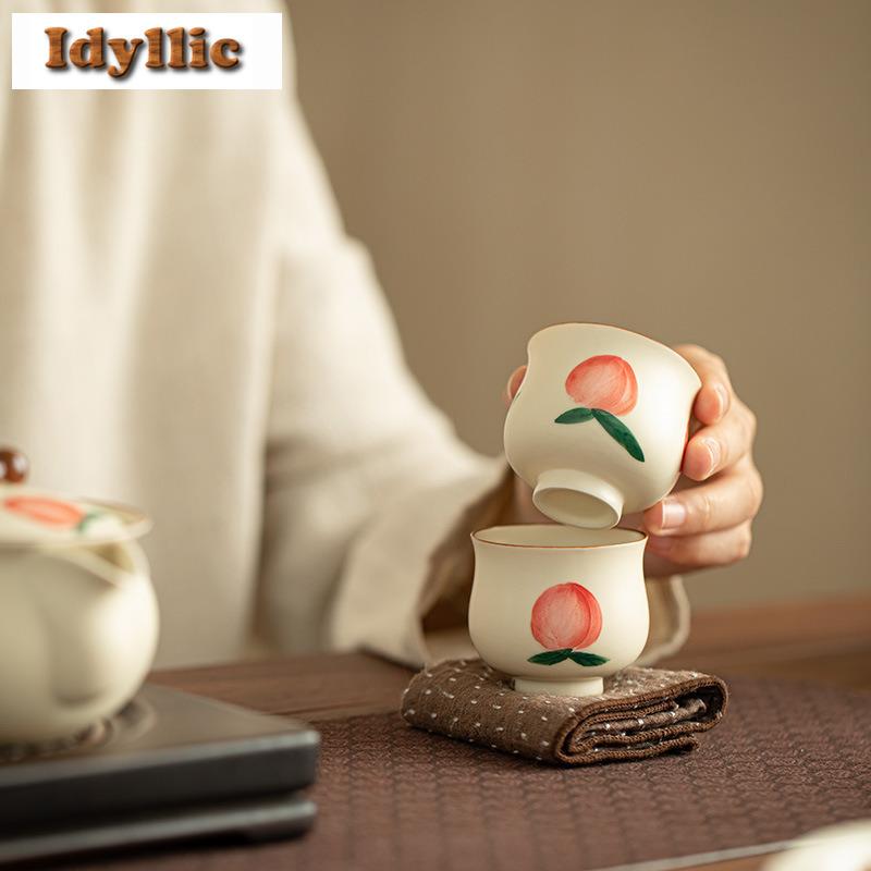 2pc/lot Hand-painted Longevity Peach Teacup Elegant Tea Bowl Tea Cup Set Tea-tasting Smelling Cup Jianzhan Master Cups Gift 65ml