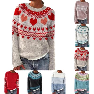 Women's Fashionable Casual Printed Round Neck Pullover Loose Long Sleeved Sweater Top