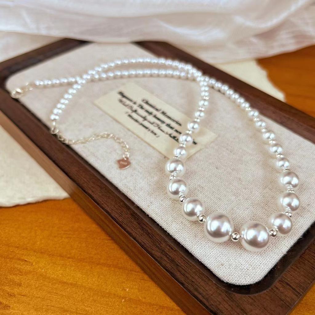 Retro 925 Silver Shijia Gradual Change Size Pearl Necklace Women'S New Temperament Light Luxury Design Sense Collarbone