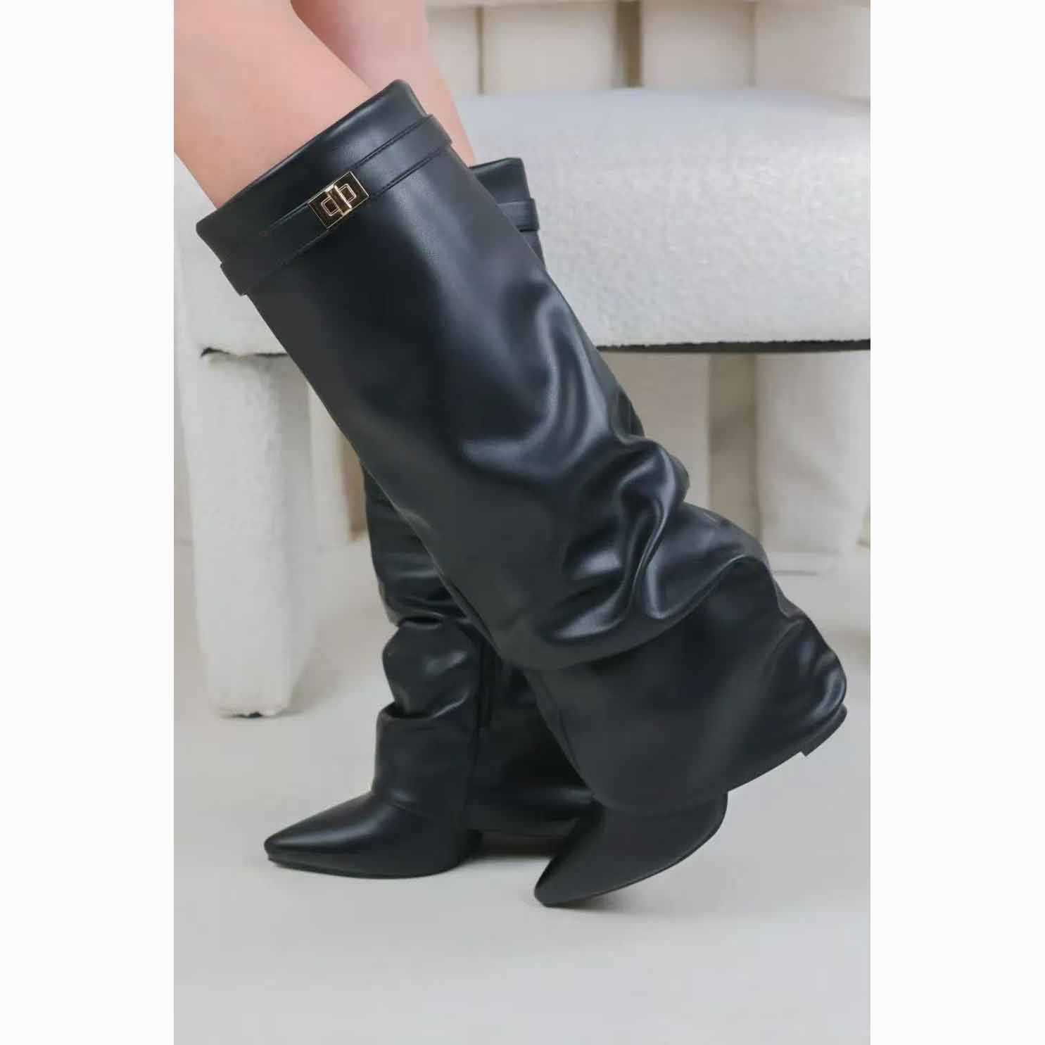 Women`s Knee High Boots Metal Buckle