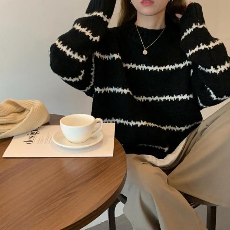 Retro Round Neck Loose Autumn Pullovers Sweaters Women Fashion Long Sleeve Striped Knitted Sweater Ladies Elegant Slim Jumpers Winter Clothing 25534