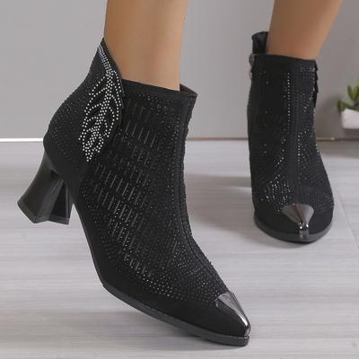 Im Herbst und Winter Schuhe Bequeme Damenstiefel mit Übergröße Spitzer Dickem Absatz und Hohlem Mesh