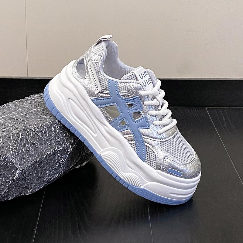 Thick-soled mesh white shoes women's 2025 summer new hollow breathable inner height increase casual board shoes net shoes muffin shoes