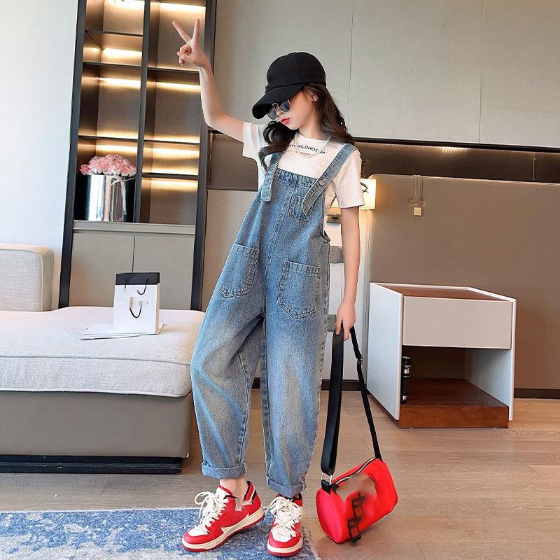 Girls Suspenders Jeans Spring Autumn Sweet Wide Leg Vintage Casual Denim Jumpsuit High Waist Loose All-Match Pants Clothes