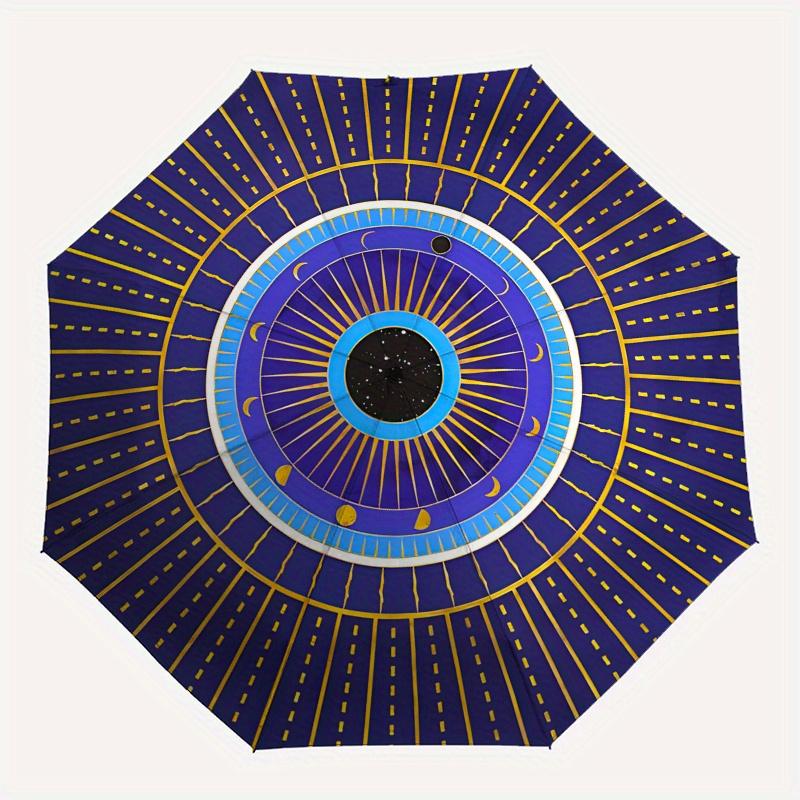 Elegant Blue and Gold Circular   Modern Abstract Design Umbrella, Portable 3 Fold Compact Umbrella for Men & Women,S91