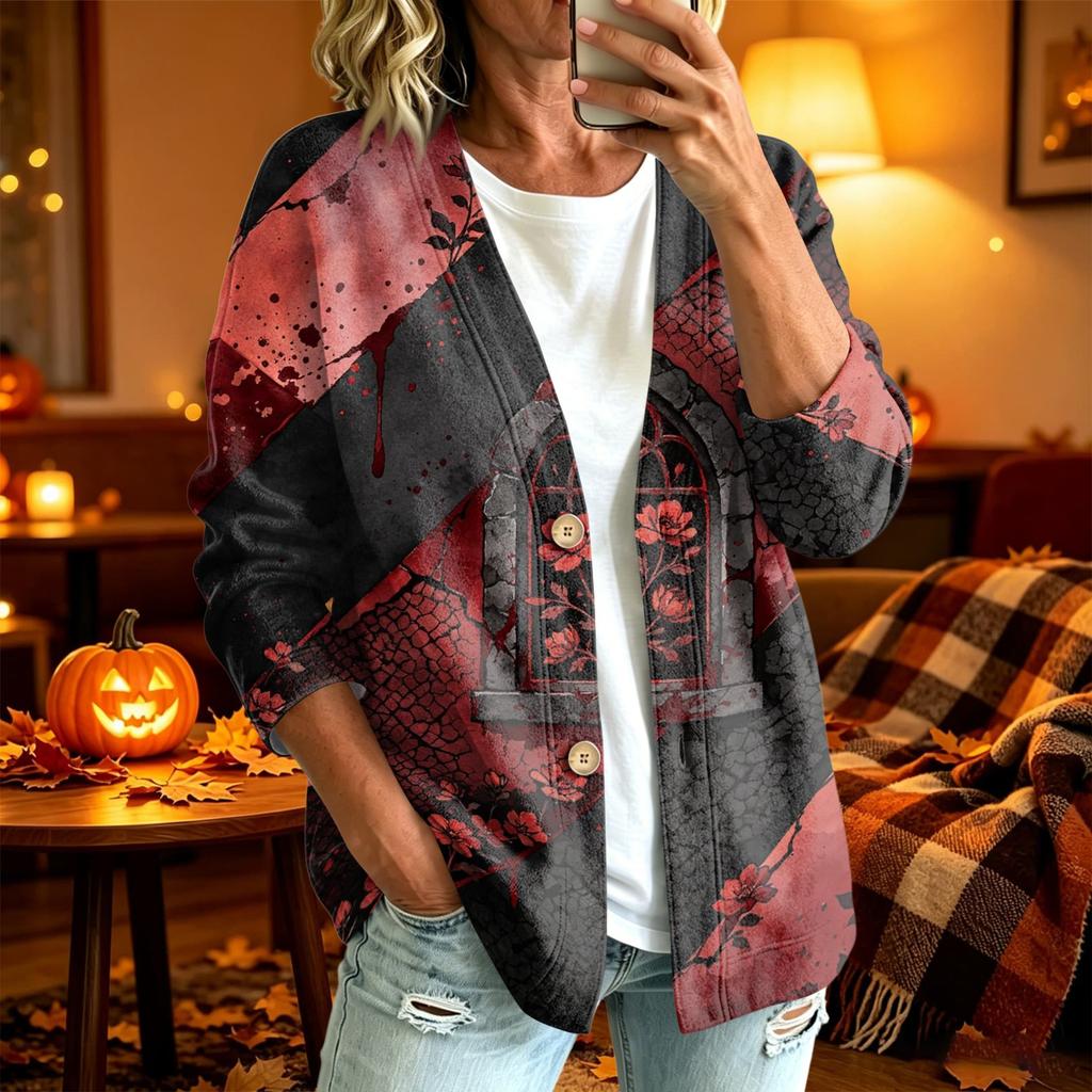 Women's Casual Long Sleeve Jacket with Halloween Print for Fall Parties