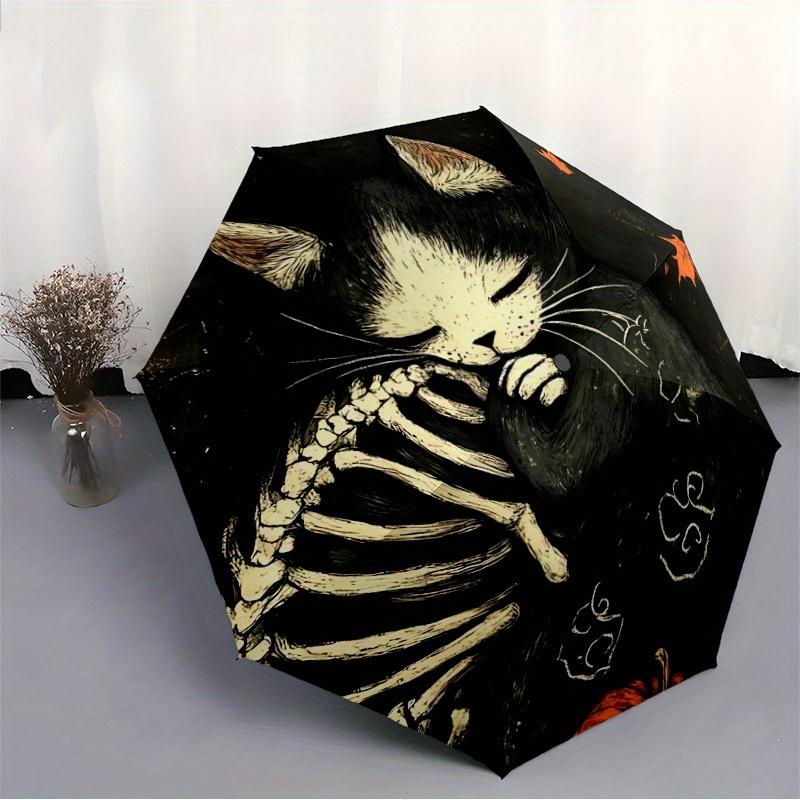 1pc Cat Skeleton Automatic Open/Close Umbrella - Foldable Compact 8-Rib Shaft, Vibrant Skeleton Cat Design with Orange Leaves