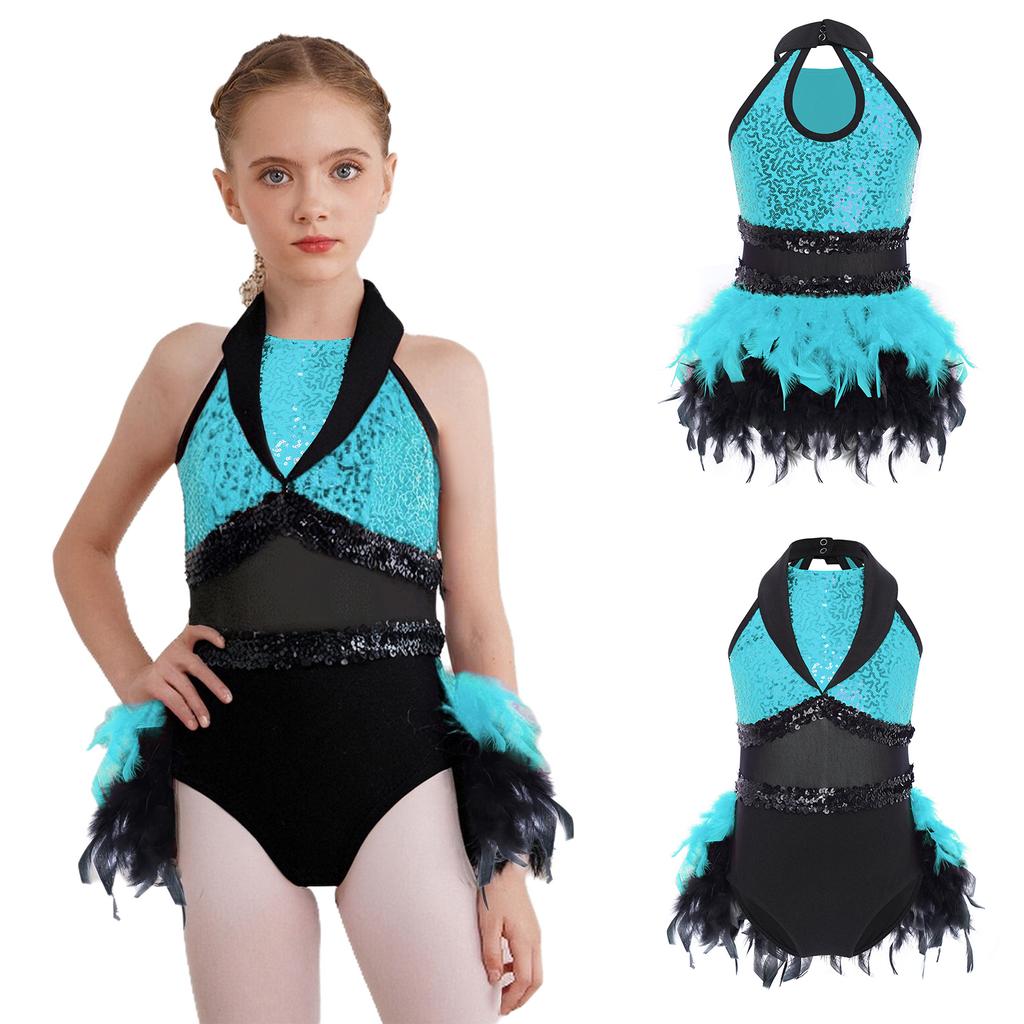 Children‘s Stage Performance Leotard Turn Down Collar Sleeveless Keyhole Back Sheer Mesh Waist Shiny Sequins Color Block with Feather Accents