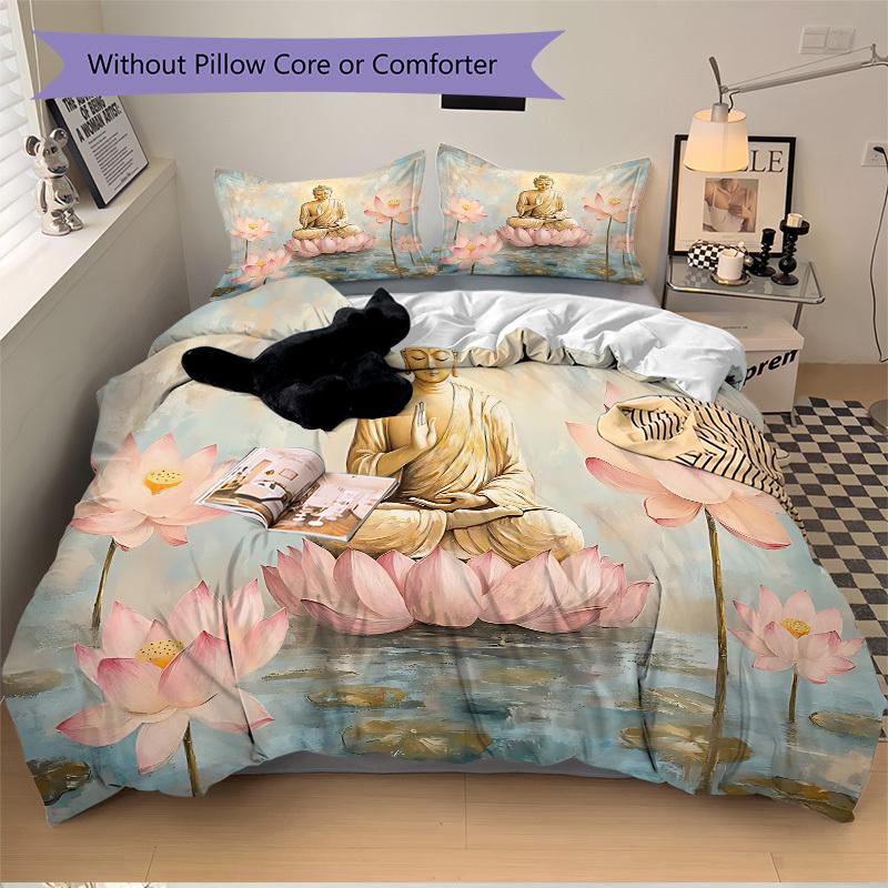 3pcs bedding set Buddha Lotus Includes 1 Comforter + 2 Pillowcases, Without Pillow Inserts, Soft Comfortable, Lightweight Breathable, Printe