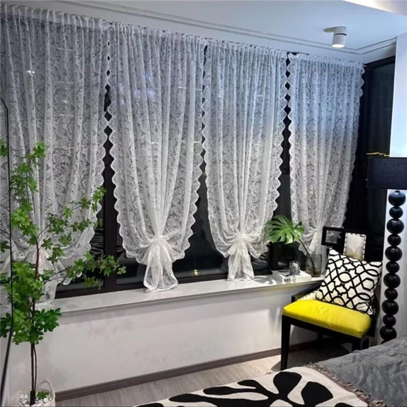 Vintage Lace Curtains  Romantic Semi Sheer Floral Lacy Curtain for Living Room, Elegant Window Drapes for Bedroom with Pearls