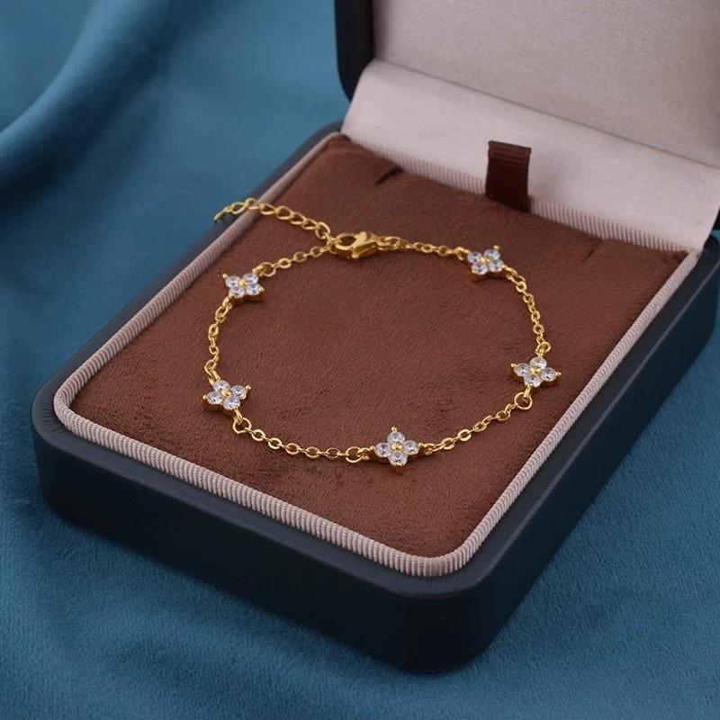 LT-SL45 925 Sterling Silver Zircon Four-leaf Clover Chain Link Bracelet Rhodium Plated Girls Light Luxury Exquisite Fashionable