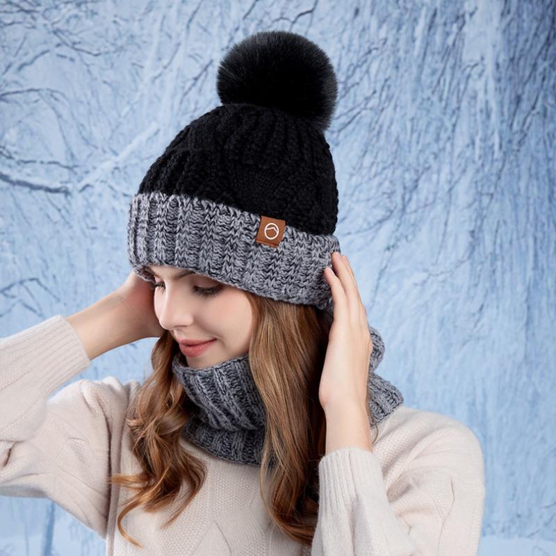 Winter warme Hutschal zweiteilige Abdeckung Outdoor Kälteschutz Ohrenschutz Pulloverhut Damen Samt verdickt gestrickte Wollmütze