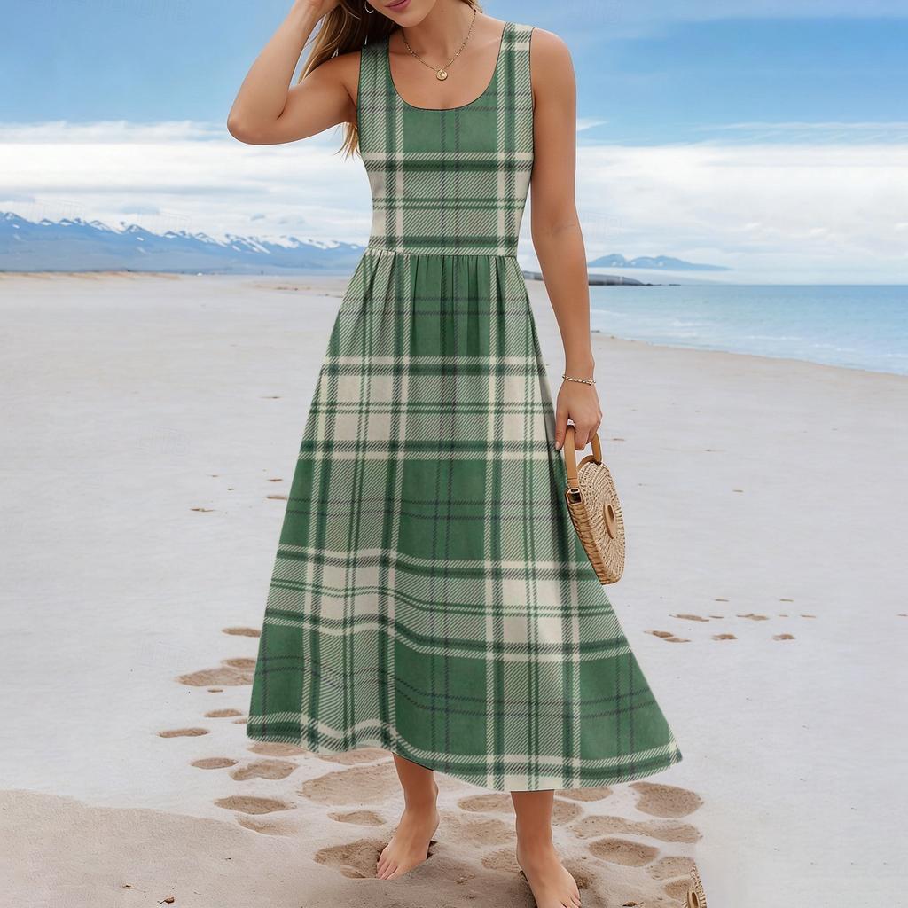 Ladies' Checkered Summer Casual and Fashionable Sleeveless Long Dress