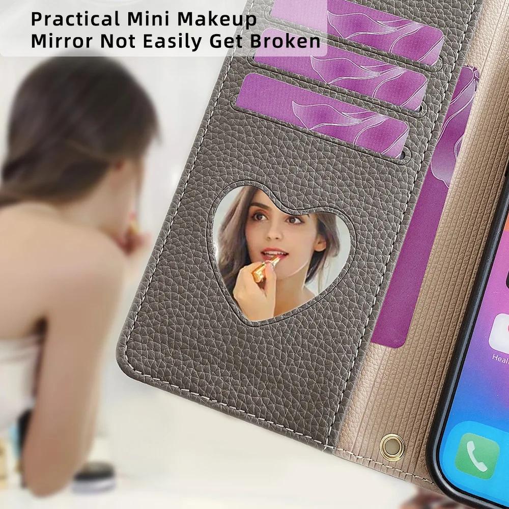 Leather Ring Holder Phone Case for Samsung S25 Ultra S24 FE S23 S22 Plus A16 A26 A56 Crossbody Wallet Flip Mirror Cover Lanyard