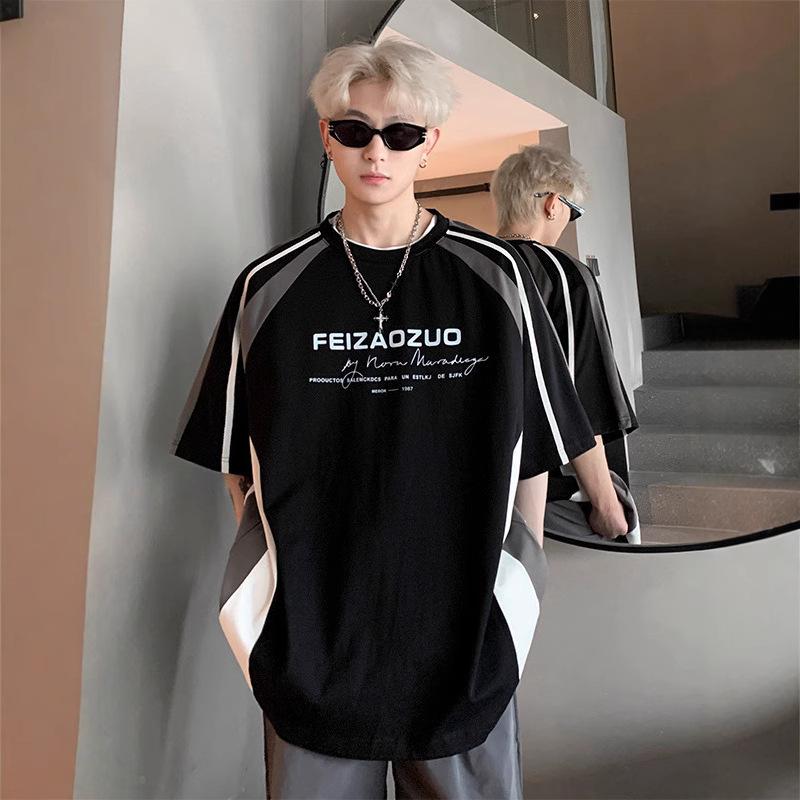 Мужская летняя новая модная контрастная уличная свободная повседневная универсальная футболка топ M