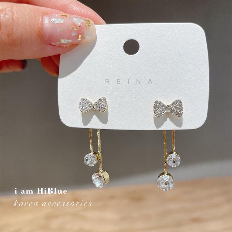 

Серьги Tiktok с микроинкрустацией из циркона и бантом с бриллиантами и кисточкой, серебряные иглы, носить спереди и сзади