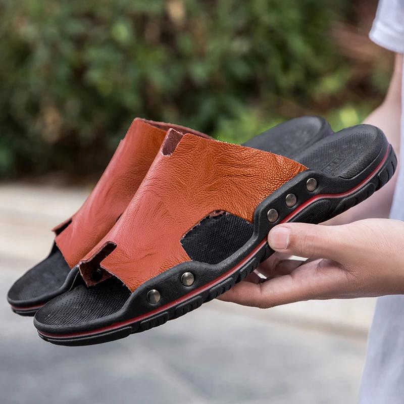 

Мужские тапочки из натуральной кожи, повседневная обувь большого размера 48, износостойкая нескользящая модная дышащая удобная обувь на плоской подошве, летняя основная обувь 48