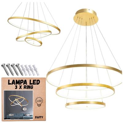LED Ceiling Pendant Lamp, Chandelier, 3 Rings, 76w, Gold Color, Adjustable, NEUTRAL