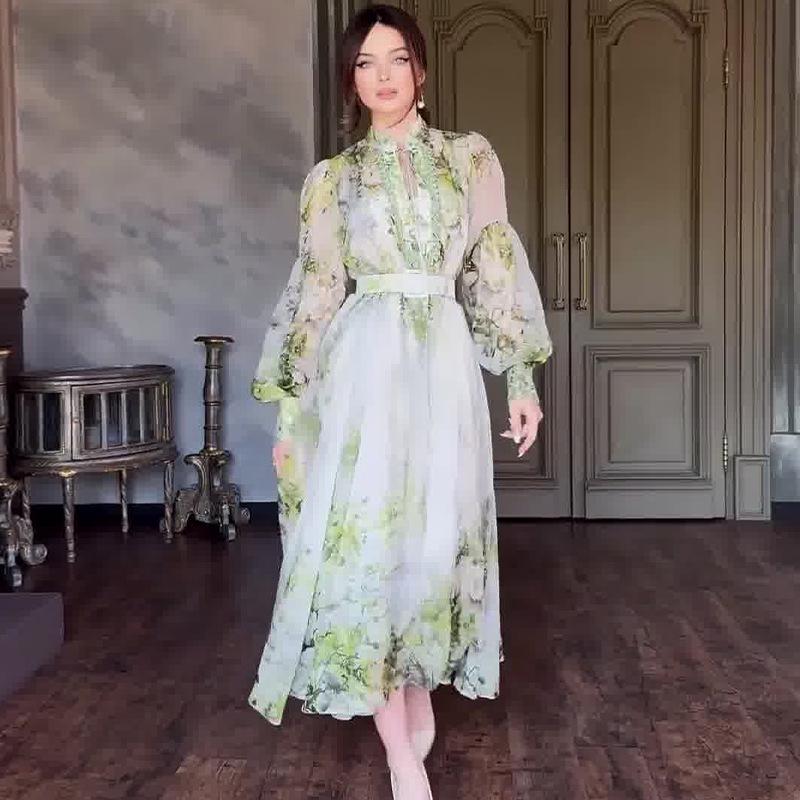 2024 Summer Women's French Sweet Style Long Sleeve Print Dress