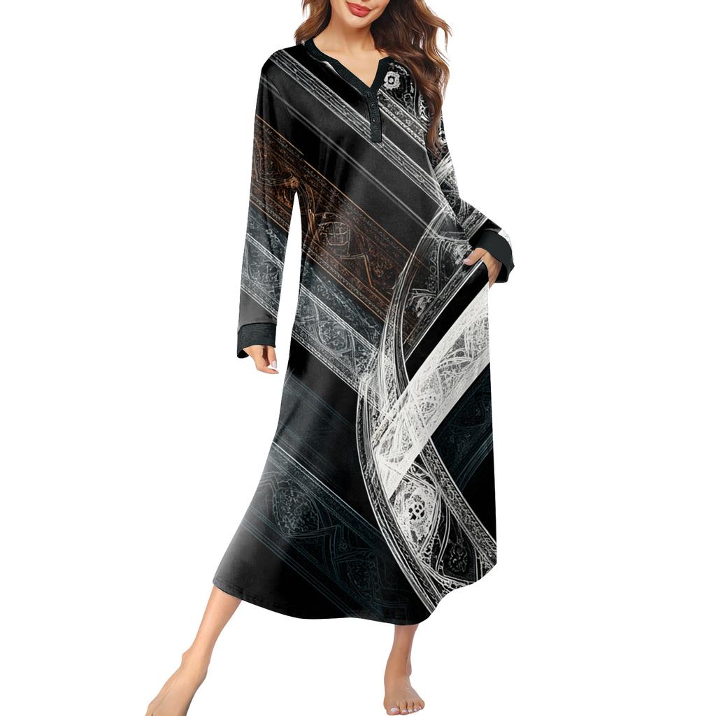 Damska koszula nocna długa odzież wypoczynkowa dekolt V sukienka nocna z kieszeniami