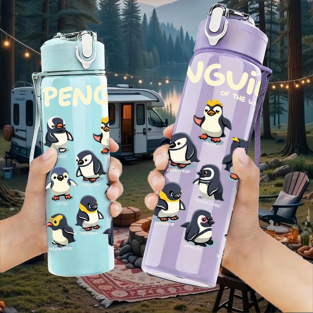 1PC Penguin Group Cute Bird Animal Print 750ml Color Plastic Sports Water Bottle Leakproof Flip Straw Lid Suitable for Sports Office Home Use