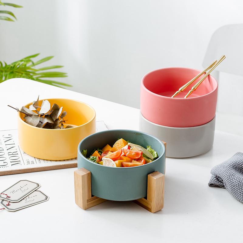 Ceramic Salad & Noodle Bowl Set with Wooden Stand - Black