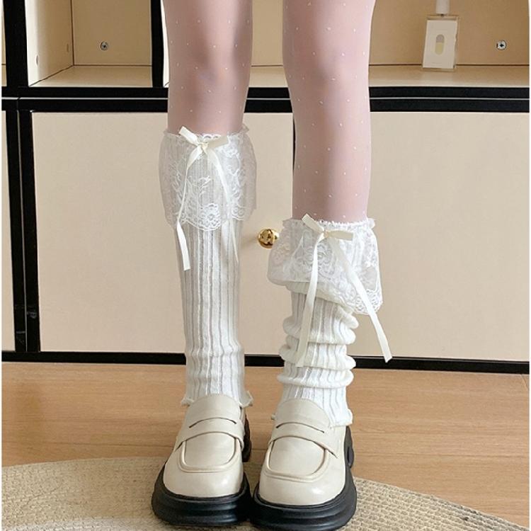 Women Aesthetic Ribbed Knit Stretch Leg Warmer Japanese Boot Cover Sweet Ruffled Lace Trim Bows Leg Sleeve Long Socks