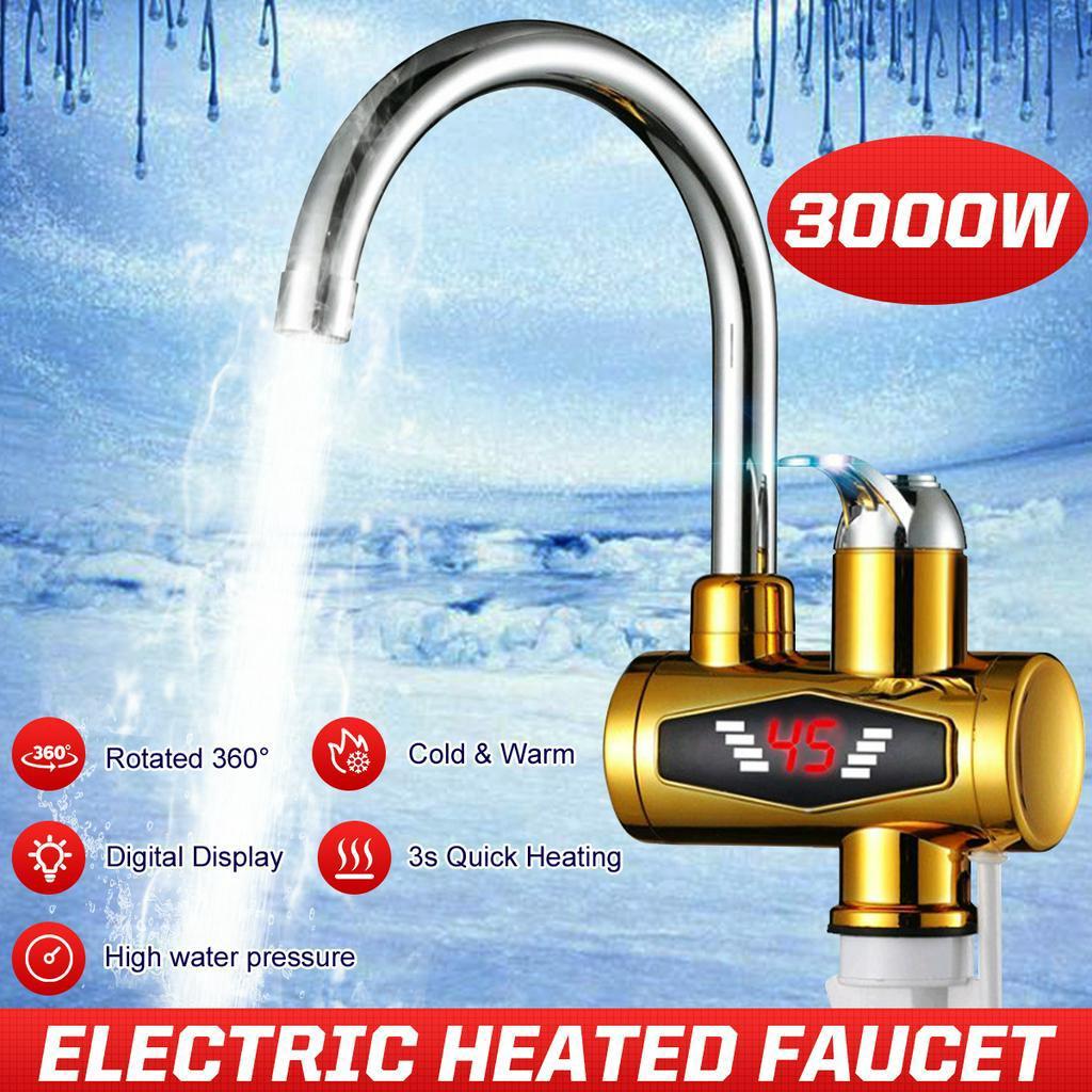 3KW 220V Tankless Electric Water Heater Led Digital Display Bathroom Kitchen Heater Faucet Gold Electric Water Faucet Heater