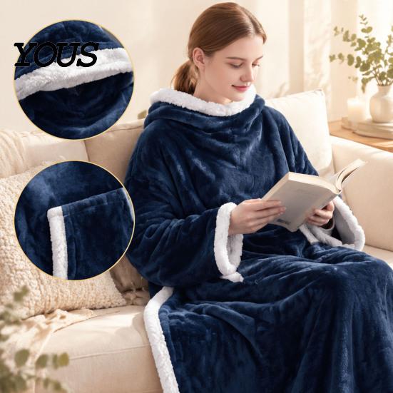Fleece gefütterte Decke für Nickerchen Flanell Tragbar mit Ärmeln, Erwachsene Winter Kängurutasche, Weicher Gemütlicher Plüsch Überwurf Kalte Tage Drinnen Entspannen Fernsehen Schauen