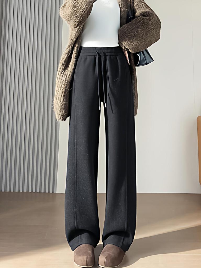 Women's High-Waisted Woolen Wide-Leg Pants - Plus Velvet Thickened, Loose, Casual, Autumn/Winter, Slimming, Straight-Leg Sweatpants