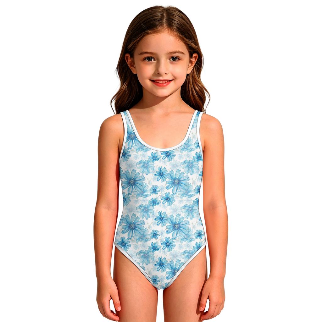 Girls Floral Print One Piece Swimsuit Sleeveless Round Neck Kids Swimwear Suitable for Beach Pool Water Activities