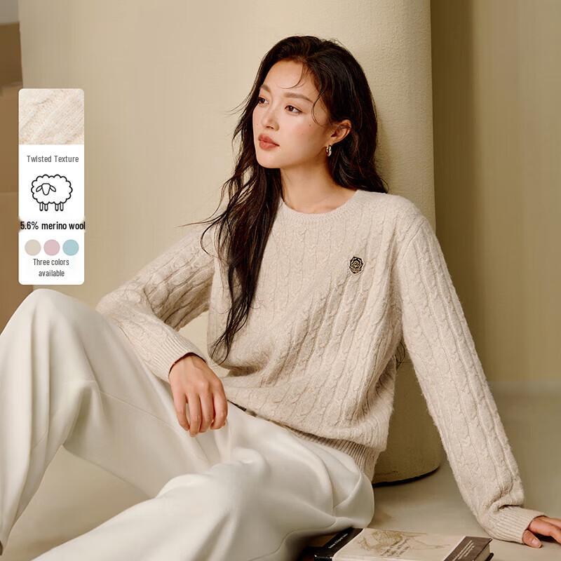 INMAN Women's Cable Knit Round Neck Wool Sweater