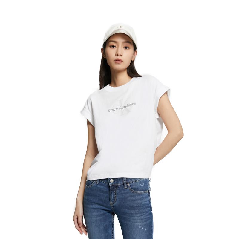 Calvin Klein Solid Color Layered Logo Print Crew Neck T-Shirt Women Tops White J221213-YAF
