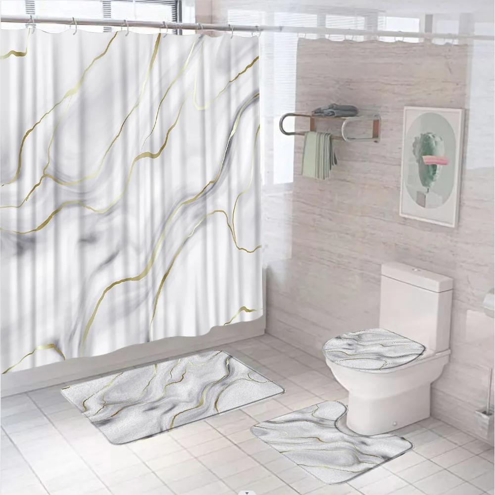 Marbling 3D Shower Curtains Luxury Marble Blue Golden Veins Bath Mats Set Pedestal Rug Toilet Cover Bathroom Curtain With Hooks