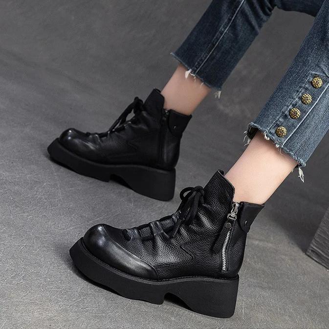 Johnature Genuine Leather Retro Wedges Short Boots With Side Zipper Thick Soled Versatile Women's Boots